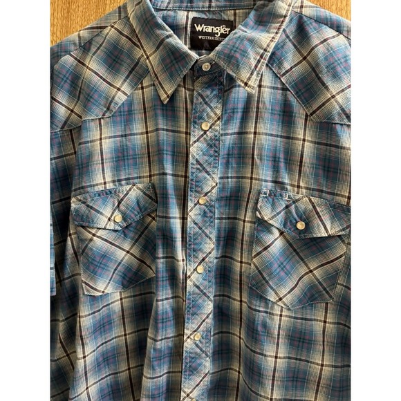 Wrangler Western Plaid Pearl Snap Shirt Men's 3XL Bright Blue Short Sleeve - Picture 3 of 8